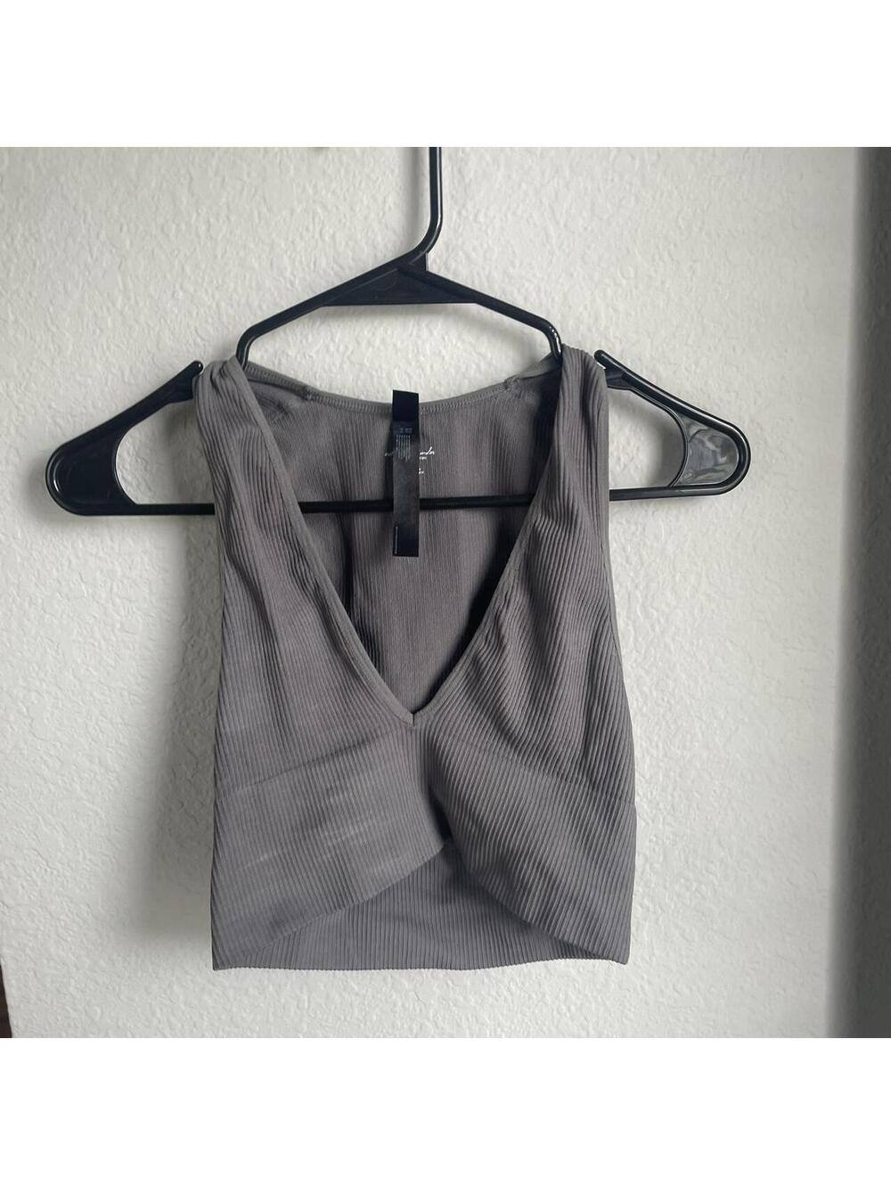 Urban Outfitters Gray Ribbed Crop Top with Deep V Neck, Size Small